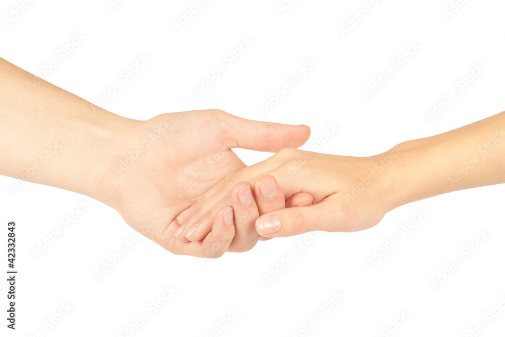 Shaking hands of two people, man and woman, isolated on white. Shaking hands of two people, man and woman, isolated on white.