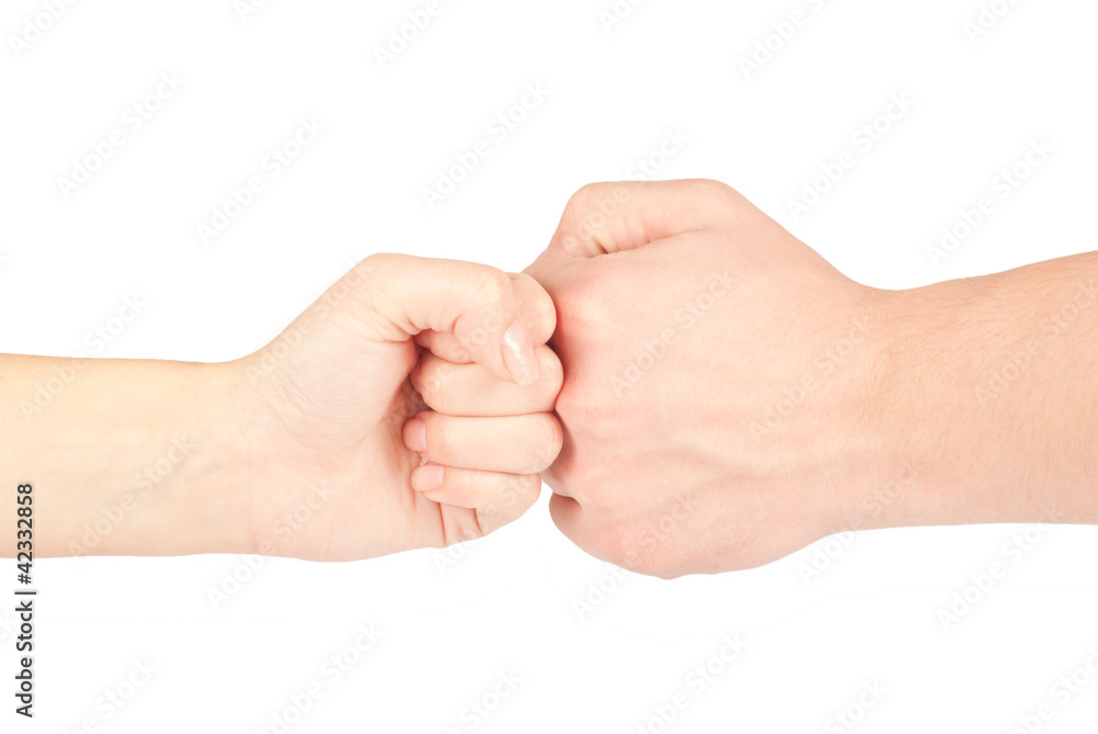 Two hands: man and woman, isolated on white Two hands: man and woman, isolated on white