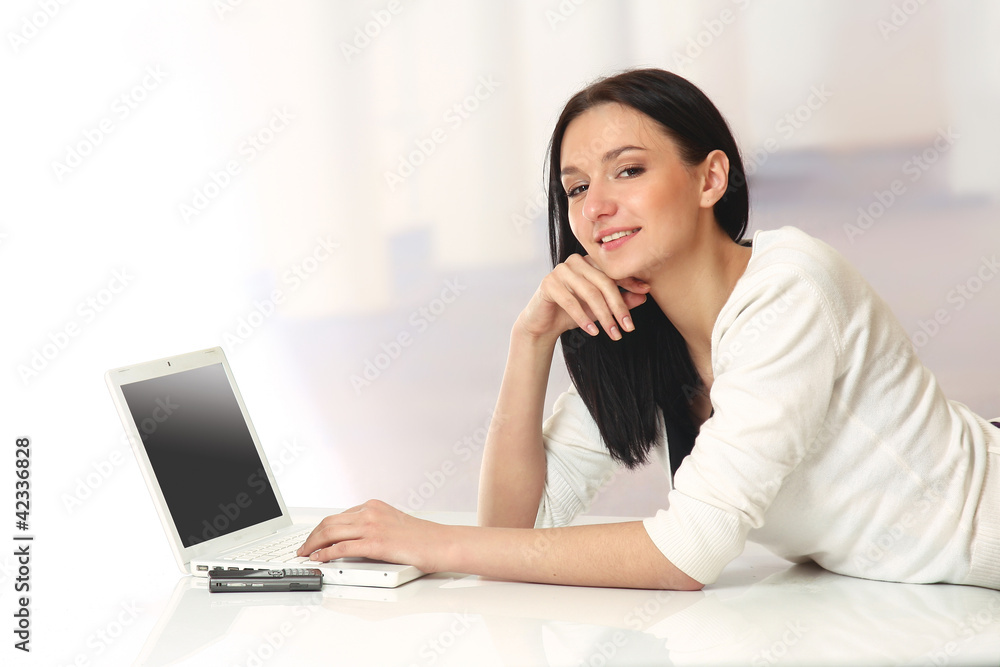 girl with laptop and gift isolated on white background girl with laptop and gift isolated on white background