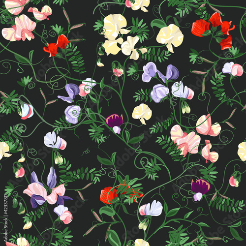 Decorative colorful seamless with sweet pea patterns.