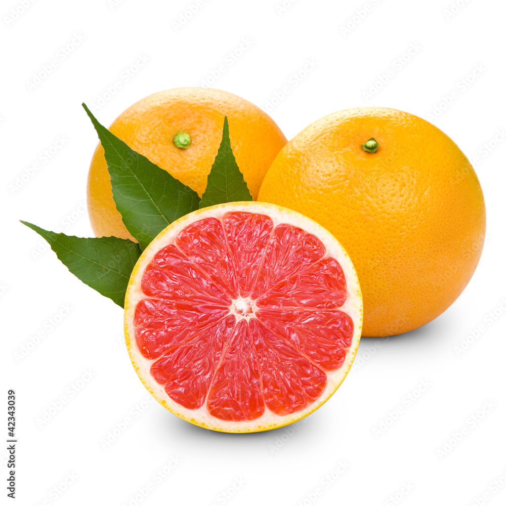Grapefruit with slice detail on white background Grapefruit with slice detail on white background