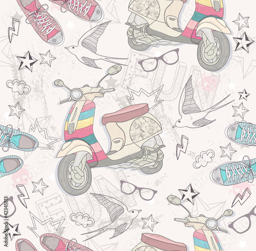 Cute grunge abstract pattern. Seamless pattern with shoes, retro