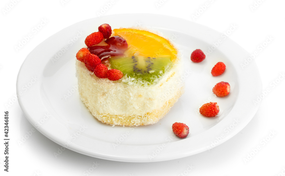 sweet cake with fruits on plate isolated on white