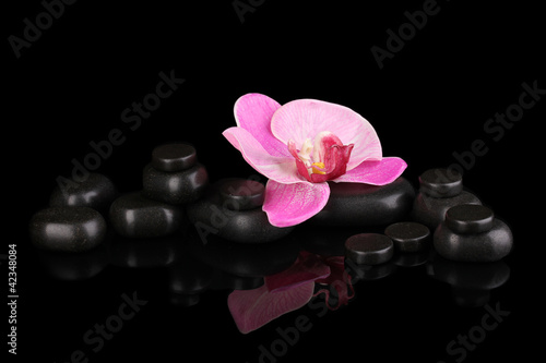 Spa stones with orchid flower isolated on black