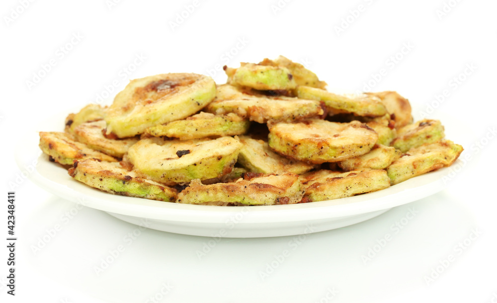 Fried zucchini in a white plate isolated on white Fried zucchini in a white plate isolated on white