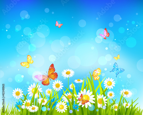 Sunny day background with flowers and butterflies