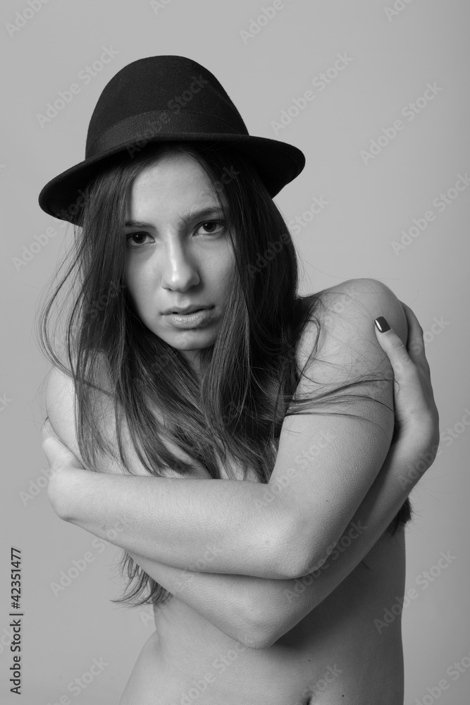 Black and white fashion portrait of beautiful woman with hat Black and white fashion portrait of beautiful woman with hat
