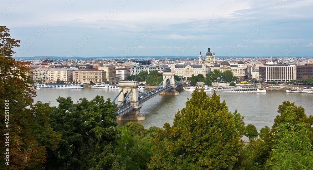 Panoramic of the Chain bridge in Budapest, Hungary