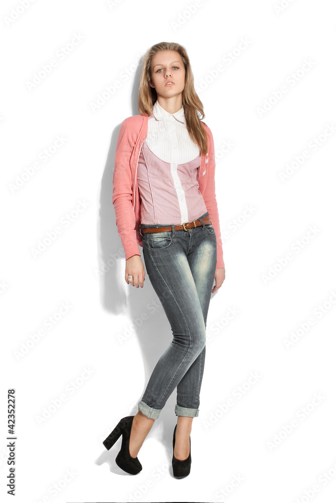 Beautiful woman standing near white background Beautiful woman standing near white background