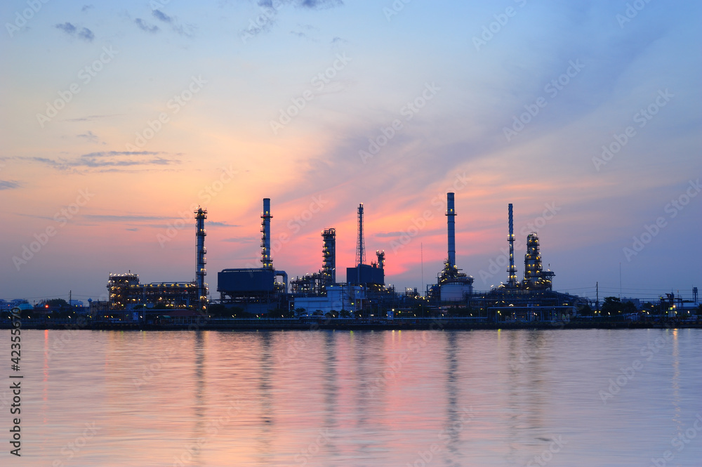 Refinery plant area at twilight sky. oil industry, environment, air pollution, oil refinery, petrochemical plant or petroleum industry concept	