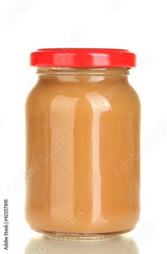Jar with baby food isolated on white