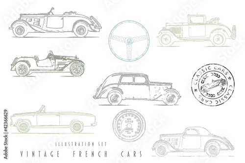 Set Illustrationen mit  Schwarz-weiß Grafiken von Autos