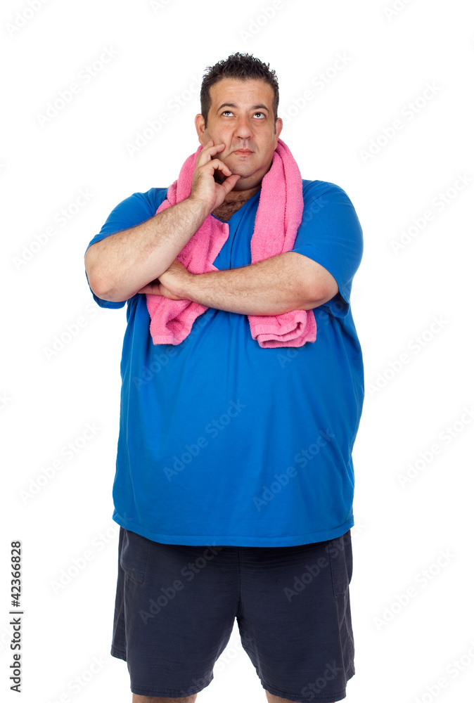Pensive fat man playing sport Pensive fat man playing sport