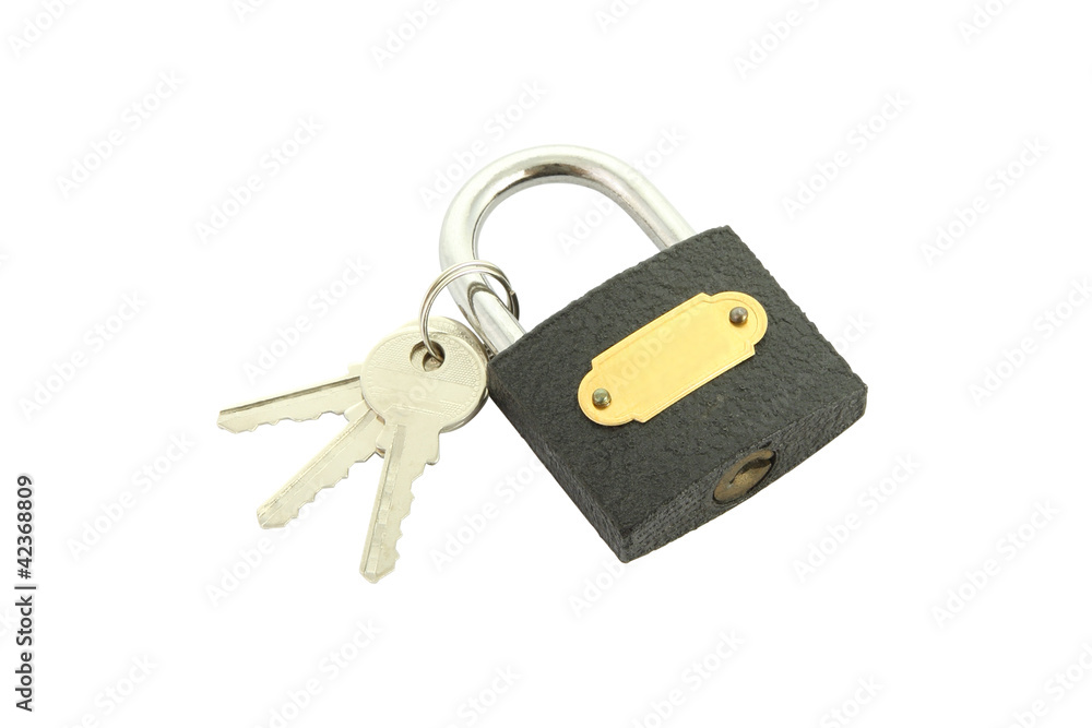 Old black padlock with key on white background.
