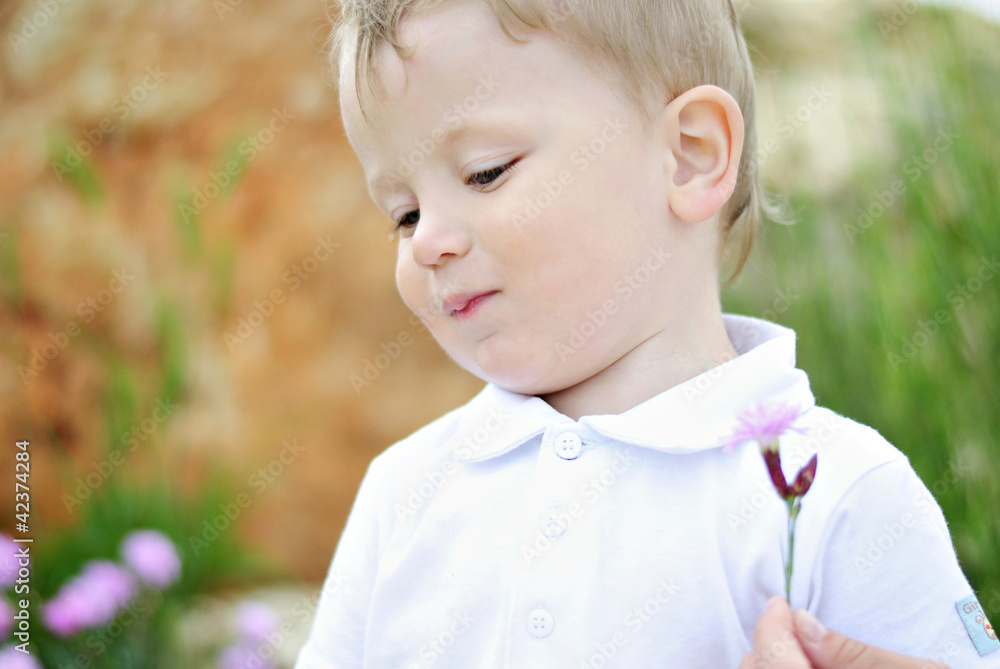 The little boy on a clearing with a flower
