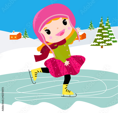 Card with drawn smiling ice-scating girl. Vector