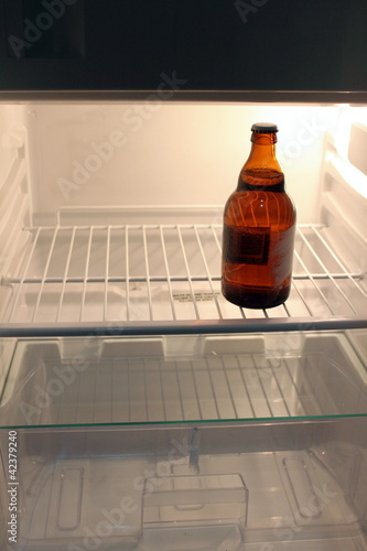 last beer bottle in an empty fridge photo