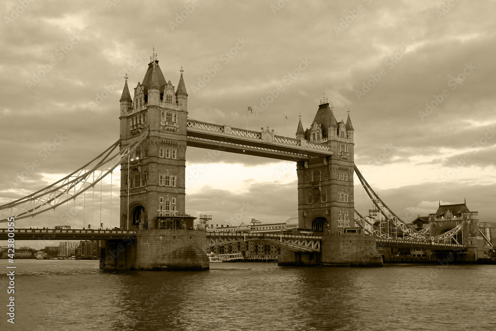 Vintage view of Tower Bridge, London. Sepia toned.