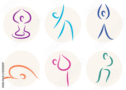 Yoga stick figure icons or symbols isolated on white