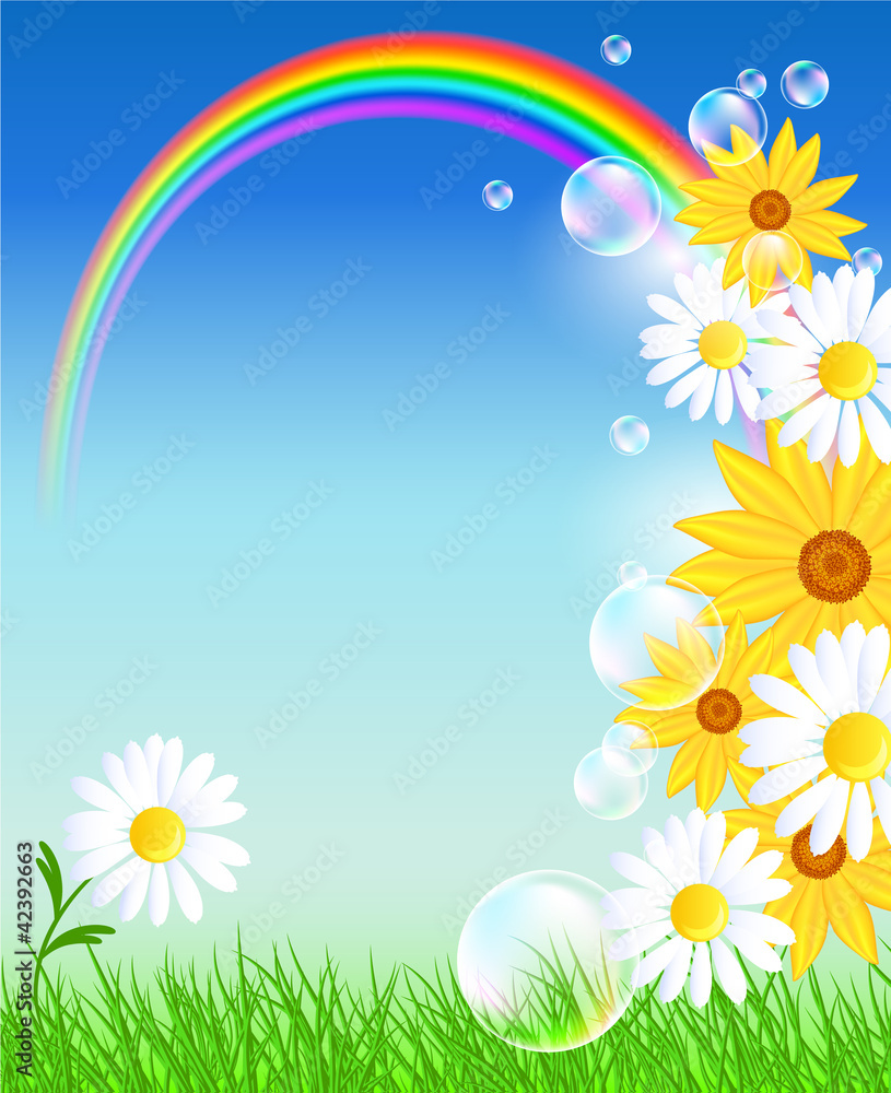 Flowers with green grass and rainbow