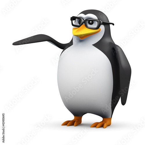 3d Penguin in glasses points to the side © Steve Young