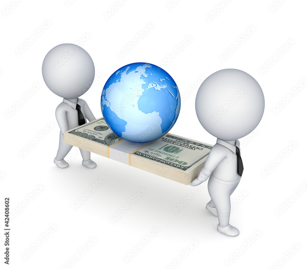 3d small people, globe and dollar pack. 3d small people, globe and dollar pack.