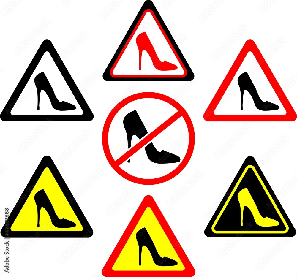 set of warning signs with women s shoes set of warning signs with women s shoes