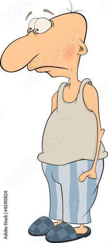 The tired man in house clothes cartoon