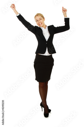 Business woman shows something, hands up