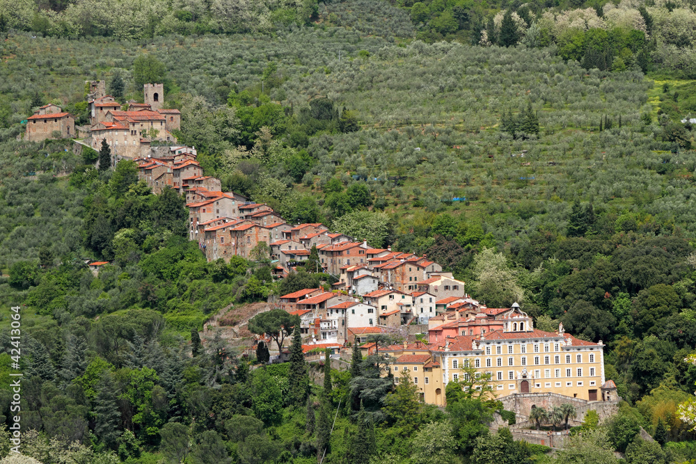 Scenic position of Collodi village with villa Garzoni, famous al