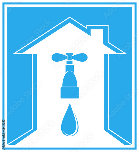 blue icon with house,tap and arrow