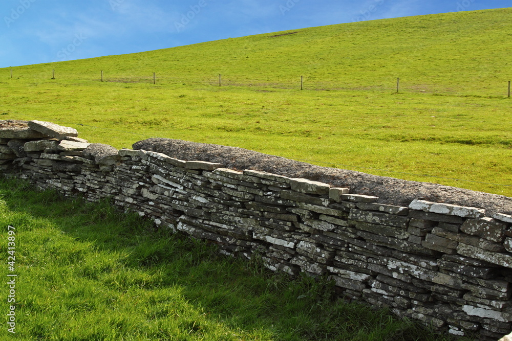 Wall between green pastures