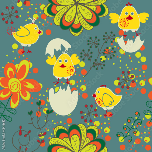 cartoon seamless pattern with chicken,egg,flower