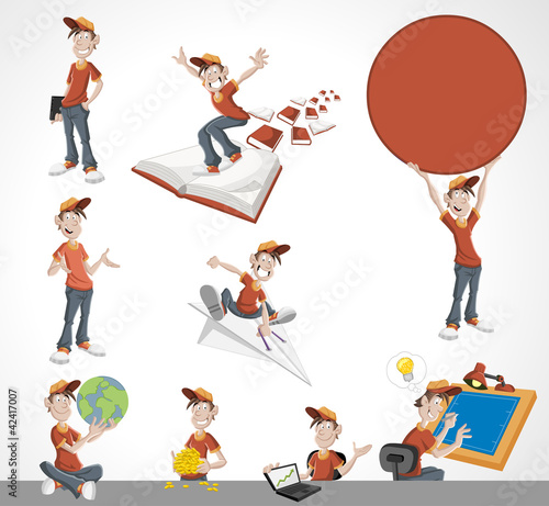Cartoon kid. Mascot boy wearing red t-shirt and hat.