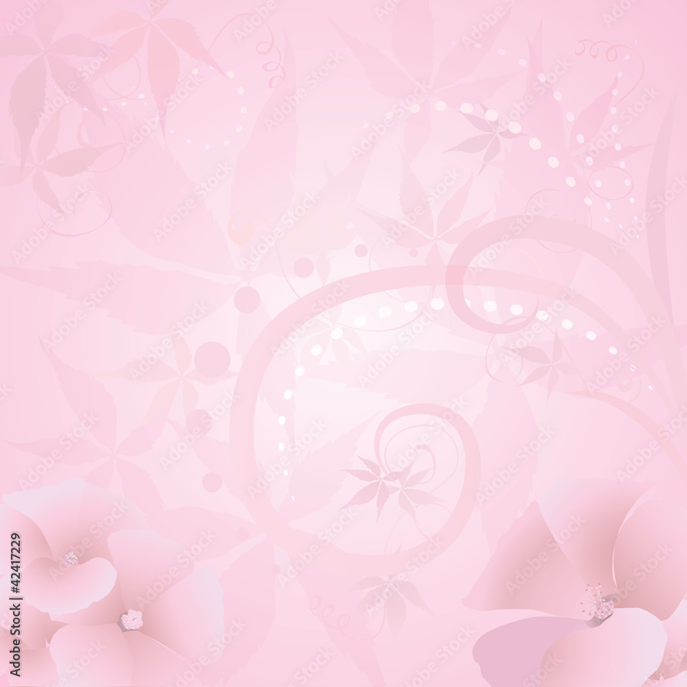 Floral background with pink flowers, leaves and curls