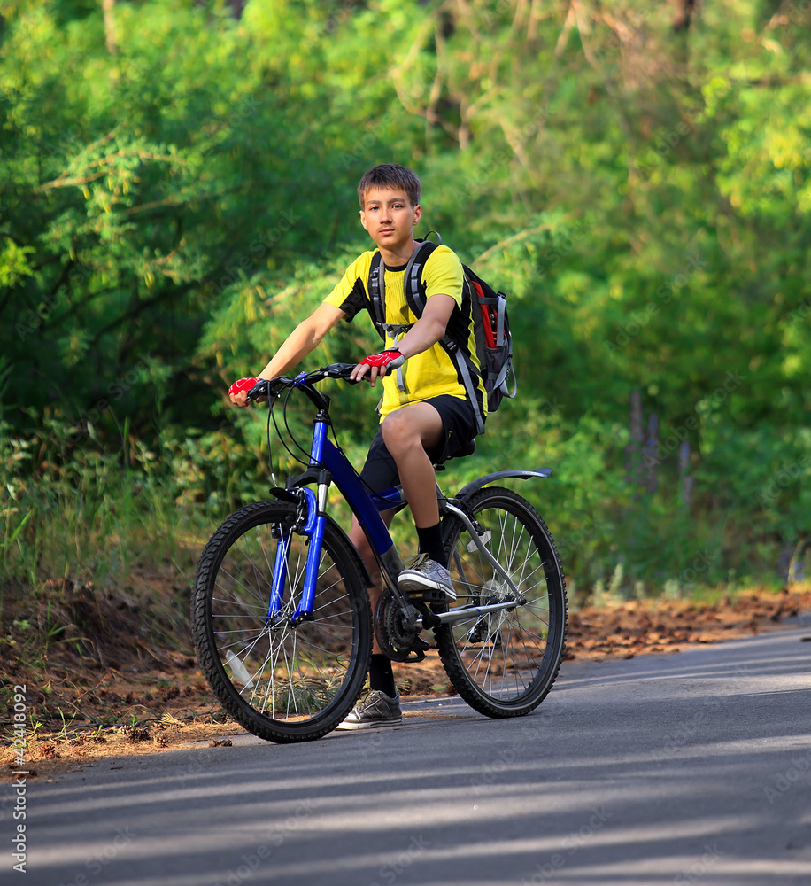 A teenager on a bicycle traveling in the forest A teenager on a bicycle traveling in the forest
