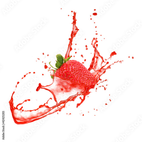 Strawberry in splash, isolated on white background