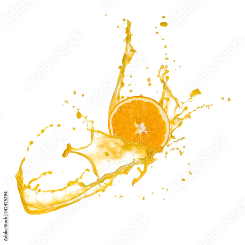 Orange slice in juice splash, isolated on white background #42425294