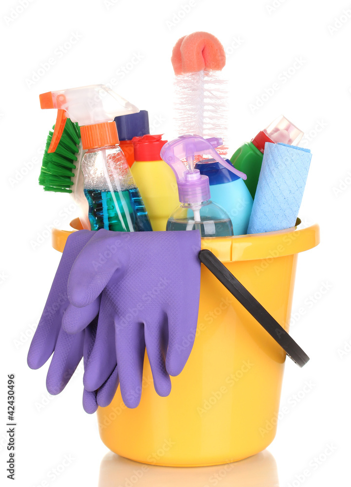 Cleaning items in bucket isolated on white Cleaning items in bucket isolated on white