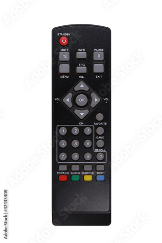A black TV remote control