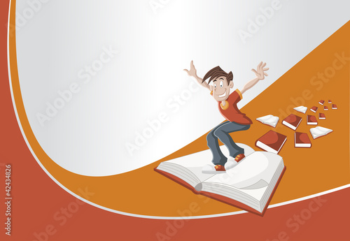 Red and orange template with cartoon boy flying on big book