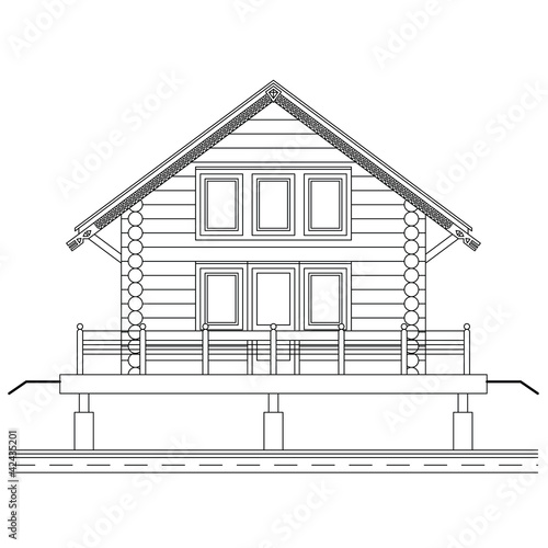 Drawing of facade of small wooden house facing the water