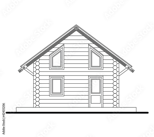 Drawing of a front facade of small wooden sauna with entrance