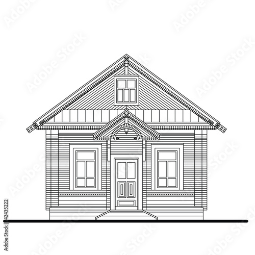 Drawing of a front facade of small wooden house with entrance