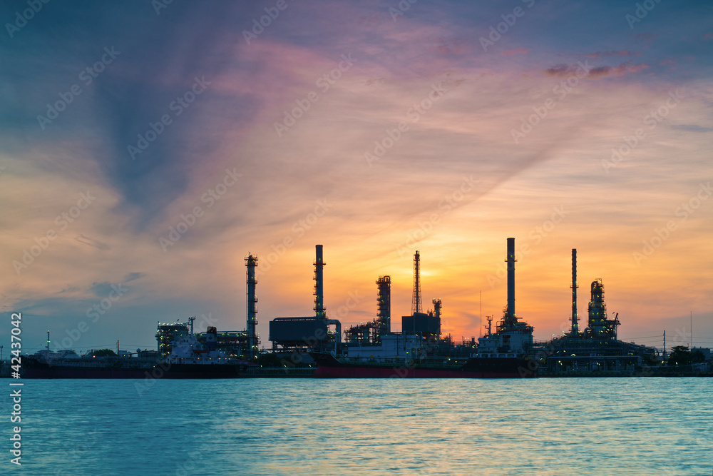 Refinery plant area at twilight sky. oil industry, environment, air pollution, oil refinery, petrochemical plant or petroleum industry concept