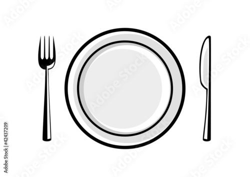 Plate and cutlery on white background