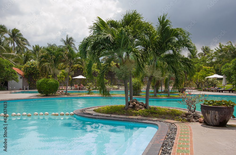 Beach hotel resort swimming pool surrounded by palm trees