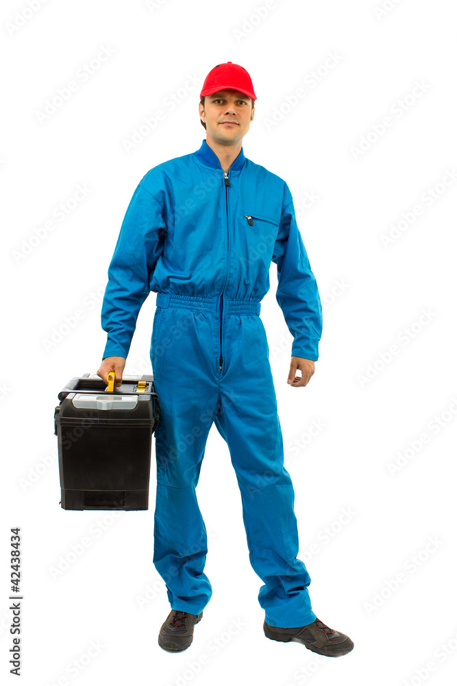 young worker with toolbox isolated on white