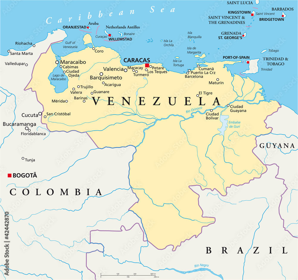 Venezuela political map with capital Caracas, with national borders, most important cities, rivers and lakes. Illustration with English labeling and scaling. Vector.