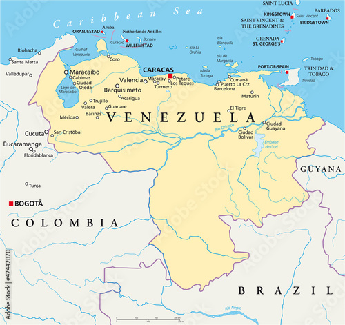Venezuela political map with capital Caracas, with national borders, most important cities, rivers and lakes. Illustration with English labeling and scaling. Vector.